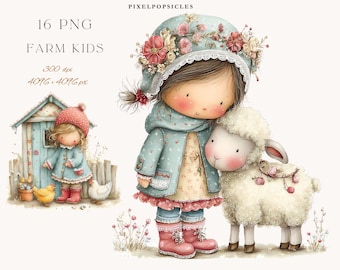May include: Watercolor illustration of a girl in a blue coat and floral hat, hugging a fluffy white lamb. The image includes a small farm scene with a girl, a chicken coop, and the text "16 PNG FARM KIDS".
