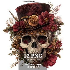 Könnte beinhalten: Eine digitale Illustration eines Steampunk-Schädels, der einen Zylinder mit Zahnrädern und Blumen trägt. Der Schädel ist von Blumen und Blättern umgeben. Der Text "12 PNG STEAMPUNK SKULL 300 DPI 4096 X 4096 PX" befindet sich am unteren Rand des Bildes.