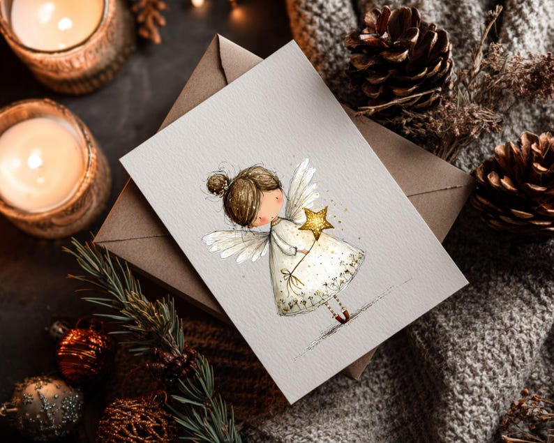 May include: A greeting card featuring a watercolor illustration of an angel holding a golden star. The angel is dressed in a white dress with delicate wings. The card is on a brown envelope, with candles and pinecones in the background.