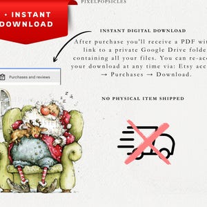 K&ouml;nnte beinhalten: Aquarellillustration von Santa Claus, der in einem gr&uuml;nen Sessel mit einem Rentier schl&auml;ft. Das Bild enth&auml;lt den Text "INSTANT DOWNLOAD" und "NO PHYSICAL ITEM SHIPPED".