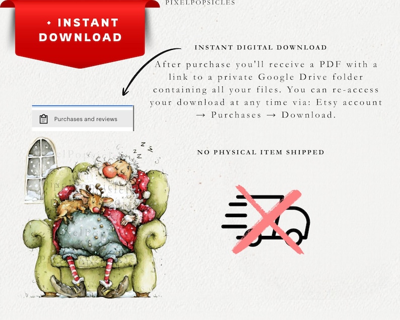K&ouml;nnte beinhalten: Aquarellillustration von Santa Claus, der in einem gr&uuml;nen Sessel mit einem Rentier schl&auml;ft. Das Bild enth&auml;lt den Text "INSTANT DOWNLOAD" und "NO PHYSICAL ITEM SHIPPED".