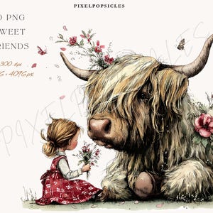 May include: Watercolor illustration of a Highland cow with flowers and a young girl in a red dress. The image includes the text "10 PNG Sweet Friends" and "Pixel Popsicles". Butterflies and flower petals are scattered around the cow and girl.