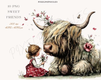 Clipart acquerello di mucca delle Highlands e bambina – Illustrazione di animali Cottagecore