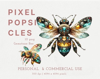 Watercolor Gemstone Bee Clipart: Whimsical Crystal PNG Digital Download