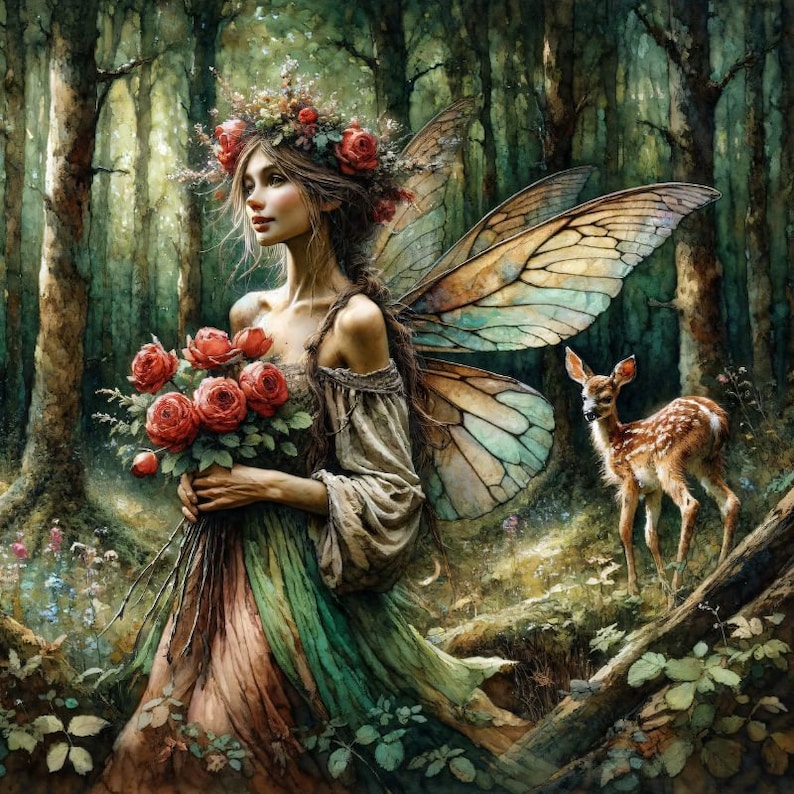 May include: A fairy with wings and a crown of red flowers holds a bouquet of red roses in a forest setting. A small deer stands in the background.