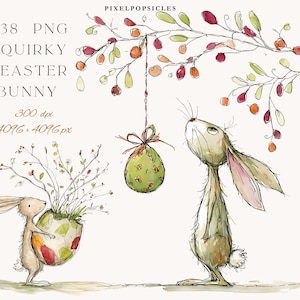 May include: Watercolor illustration featuring two whimsical Easter bunnies. One bunny holds a decorated egg with flowers, while the other looks up at a hanging egg. The image includes the text "38 PNG Quirky Easter Bunny".
