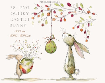 Puede incluir: Ilustración en acuarela con dos conejos de Pascua caprichosos. Un conejo sostiene un huevo decorado con flores, mientras que el otro mira hacia un huevo colgante. La imagen incluye el texto "38 PNG Quirky Easter Bunny".