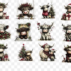 May include: A collection of watercolor illustrations featuring Highland cows in festive holiday settings. The images showcase the cows adorned with Christmas decorations, Santa hats, and surrounded by gifts and Christmas trees, creating a charming holiday theme.