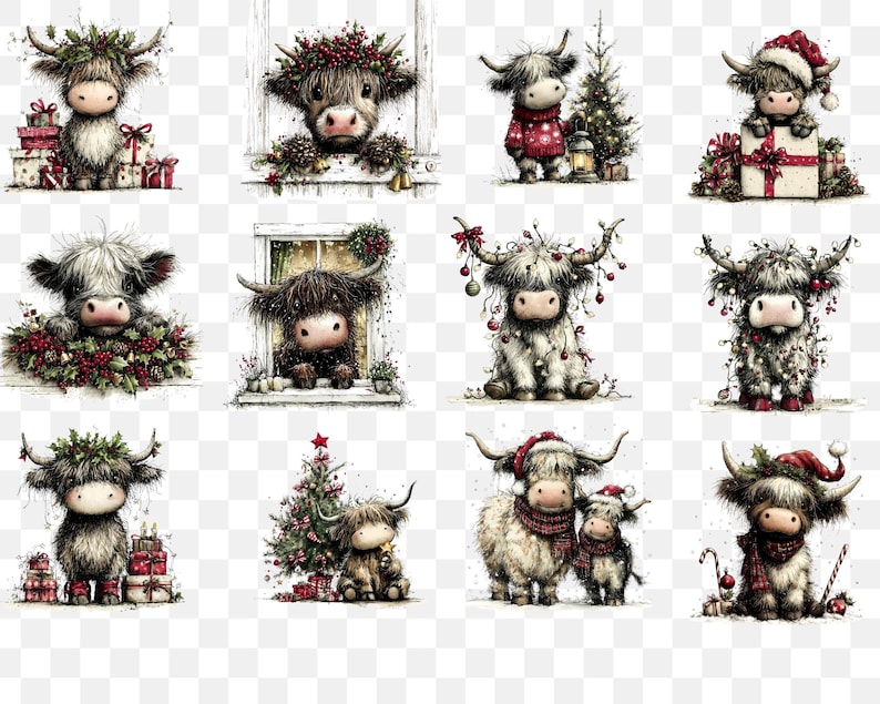May include: A collection of watercolor illustrations featuring Highland cows in festive holiday settings. The images showcase the cows adorned with Christmas decorations, Santa hats, and surrounded by gifts and Christmas trees, creating a charming holiday theme.