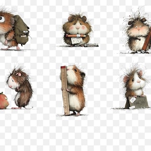 May include: A collection of whimsical illustrations featuring guinea pigs in various school-themed scenarios. One guinea pig carries a backpack, another holds a pencil, and others interact with an apple, ruler, and a sign that says "Great Job!"