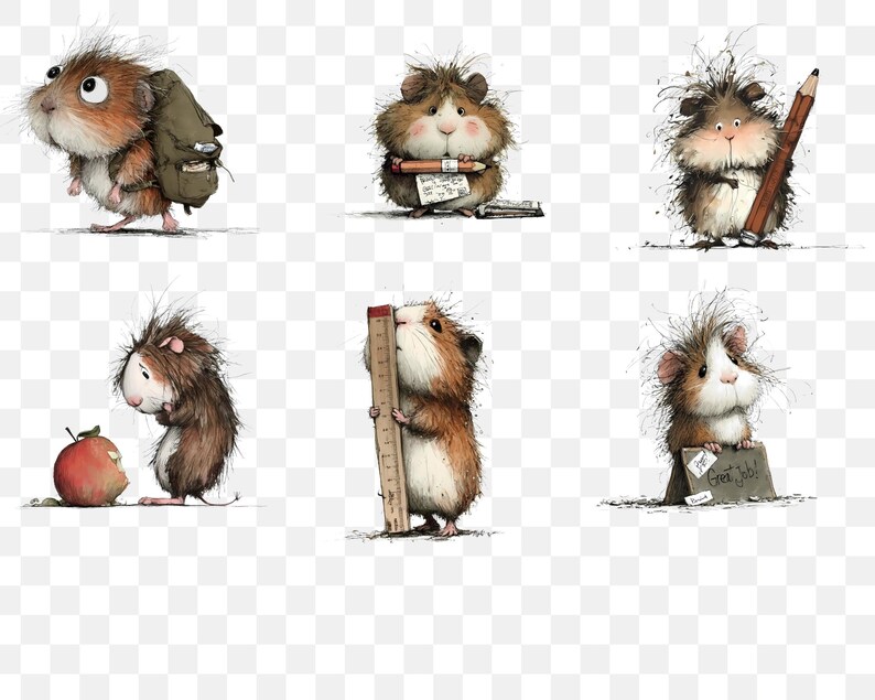 May include: A collection of whimsical illustrations featuring guinea pigs in various school-themed scenarios. One guinea pig carries a backpack, another holds a pencil, and others interact with an apple, ruler, and a sign that says "Great Job!"