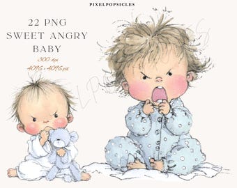 Watercolor Sweet Angry Baby Clipart: High-Res Whimsical PNG Images #