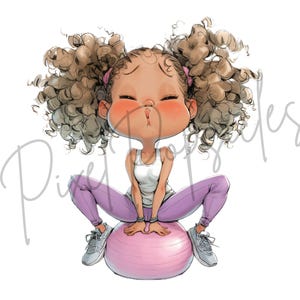May include: A cartoon illustration of a girl with curly brown hair wearing a white tank top and purple leggings, sitting on a pink exercise ball.