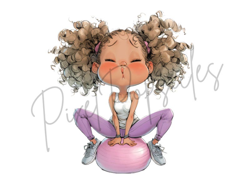 May include: A cartoon illustration of a girl with curly brown hair wearing a white tank top and purple leggings, sitting on a pink exercise ball.