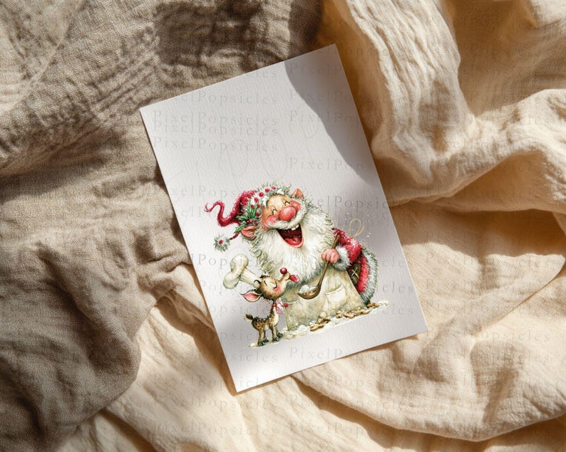 K&ouml;nnte beinhalten: Weihnachtskarte mit einer Aquarellillustration von Santa Claus und einem Rentier. Santa tr&auml;gt einen rot-wei&szlig;en Anzug und Hut und lacht. Das Rentier l&auml;chelt ebenfalls. Die Karte befindet sich auf einem beigen Stoffhintergrund.