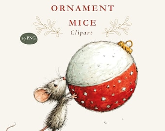 Christmas Ornament Mouse Clipart, 19 Watercolor Holiday Mice PNGs