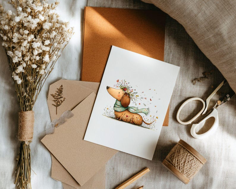 May include: A greetings card with a watercolour illustration of a dachshund wearing a flower crown and scarf. The card is on a table with stationery, dried flowers, and twine.