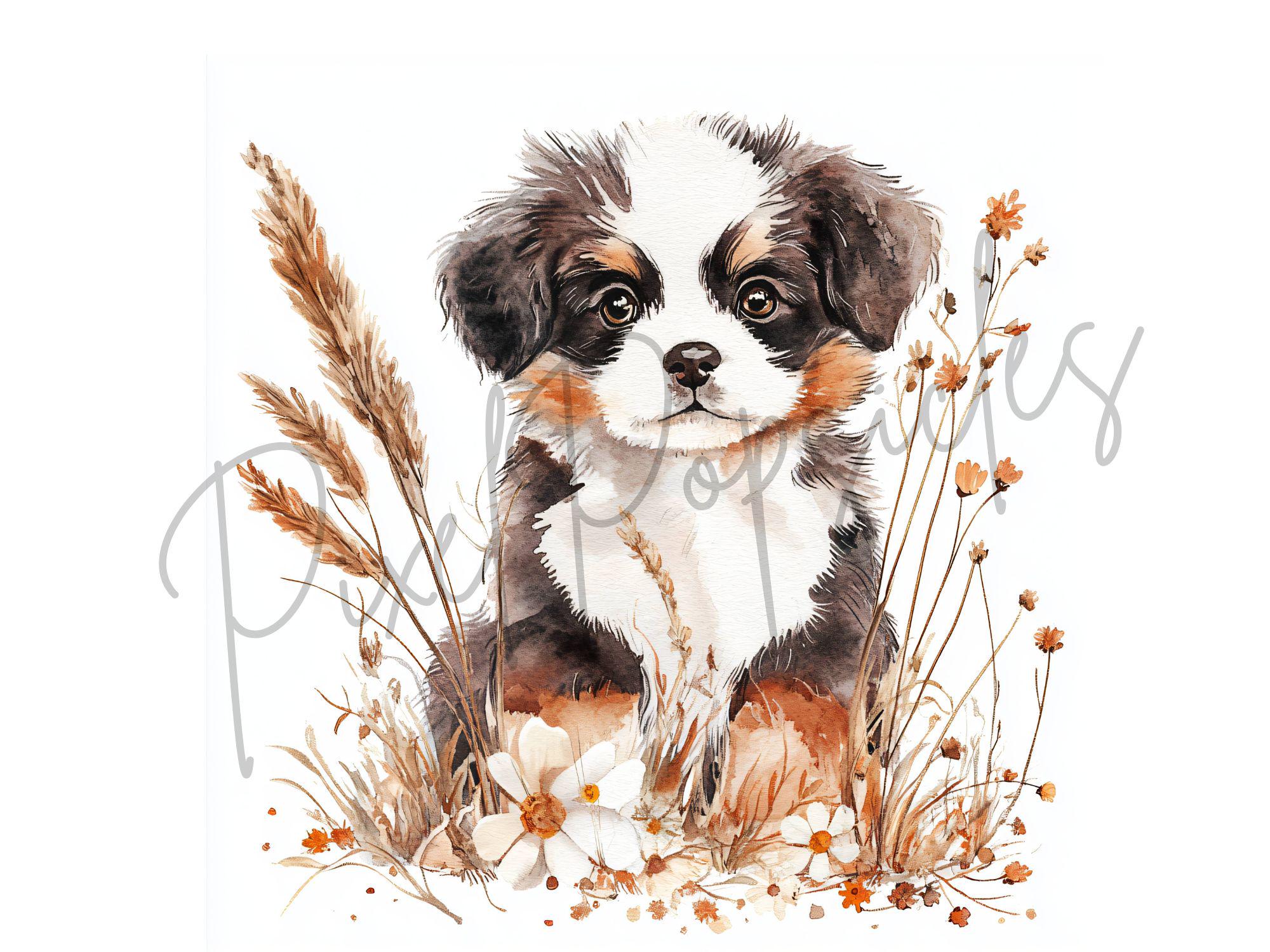 水彩画風の犬と花のクリップアート：花柄の子犬のイラスト（デジタル