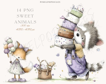 Puede incluir: Ilustración en acuarela de un zorro con helado y un mapache cargando pasteles. La imagen incluye el texto "14 PNG SWEET ANIMALS" y "PIXELPOPSICLES". El zorro lleva un vestido y el mapache lleva un peto.