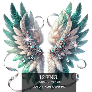 Angel Wings Clipart: Jeweled Feather PNG Graphics (Digital Download)