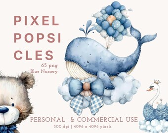 65 Watercolor Blue Nursery Clipart | Balloons, Animals PNG (Instant Download