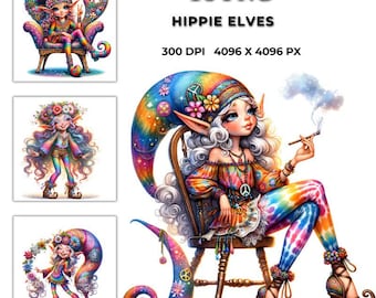 16 ヒッピーエルフ水彩画 PNG クリップアート: タイダイ昇華 (デジタル