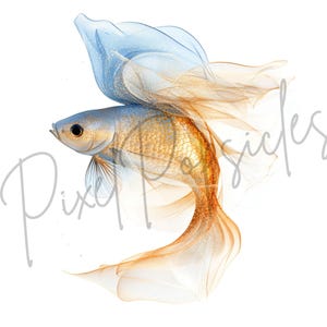 K&ouml;nnte beinhalten: Ein Aquarellbild eines blauen und goldenen Kampffisches mit flie&szlig;enden Flossen. Der Fisch ist in einer dynamischen Pose dargestellt, mit ausgebreiteten Flossen.