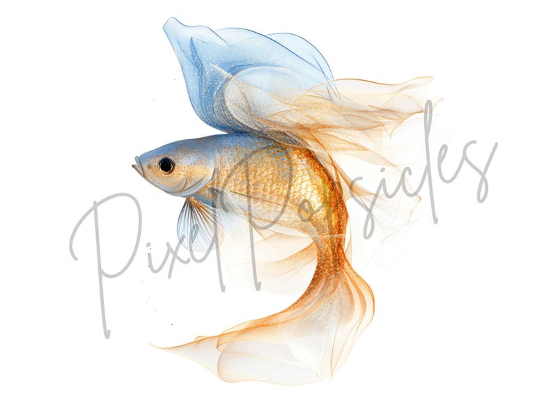 K&ouml;nnte beinhalten: Ein Aquarellbild eines blauen und goldenen Kampffisches mit flie&szlig;enden Flossen. Der Fisch ist in einer dynamischen Pose dargestellt, mit ausgebreiteten Flossen.