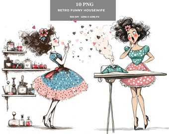 Retro Hausfrau Clipart PNG: Lustige Hausfrau Kunst (digitaler Download)