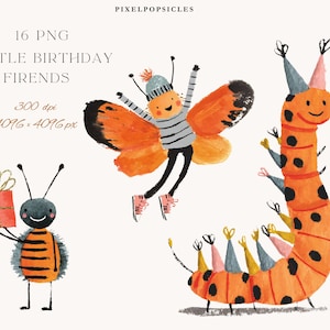 Puede incluir: Ilustración digital con tres personajes de cumpleaños: una abeja con un regalo, una mariposa y una oruga, todos sonriendo. La imagen incluye el texto "16 PNG Little Birthday Friends" y detalles de resolución.