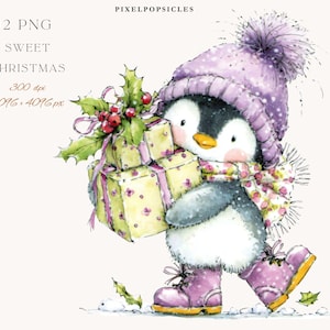 Può includere: Illustrazione ad acquerello di un pinguino con cappello, sciarpa e stivali viola, che trasporta regali confezionati. I regali sono gialli con accenti floreali rosa e legati con nastri rosa. L'immagine include il testo "12 PNG Sweet Christmas".