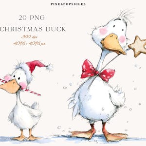 Può includere: Illustrazione ad acquerello di due anatre natalizie. Un'anatra indossa un cappello da Babbo Natale e tiene in mano un bastoncino di zucchero. L'altra anatra ha un papillon rosso e tiene in mano un biscotto a forma di stella. Il testo "20 PNG CHRISTMAS DUCK" è in alto.