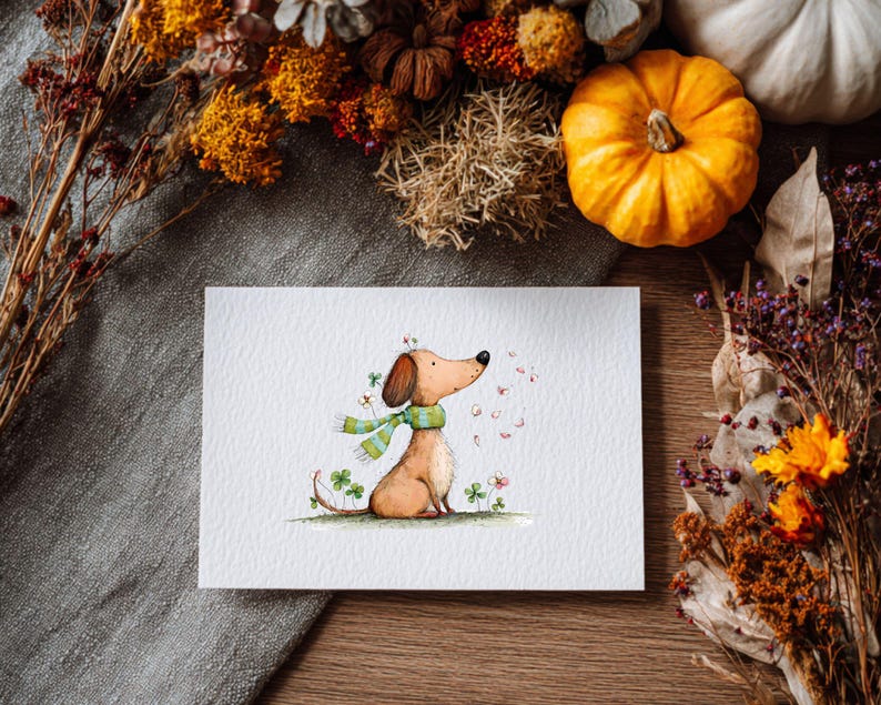May include: A watercolour illustration of a dachshund wearing a green scarf, surrounded by pink petals and clovers. The dog is on a white card, with autumn foliage and pumpkins in the background. The artwork has a whimsical, autumnal theme.
