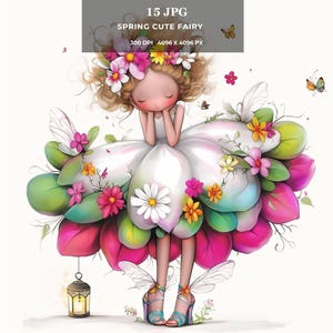 Clipart de fée mignonne de printemps - JPG fantaisiste de fantaisie, art numérique pastel adorable pour cartes, autocollants, t-shirts, sublimation et POD