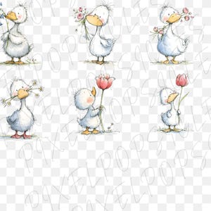 May include: Watercolor illustrations of charming white ducks holding flowers. Each duck has a yellow beak and is depicted with a soft, fluffy appearance. The flowers include bluebells, pink roses, and red tulips, adding a touch of color.