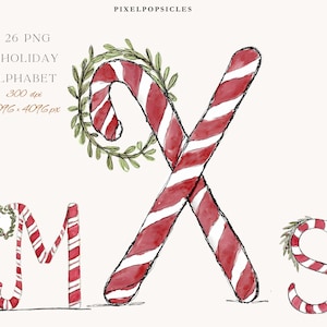 May include: A watercolour illustration of the letters M, X, and S, designed with red and white candy cane stripes. Each letter is decorated with a green wreath. The image includes the text "26 PNG Holiday Alphabet".