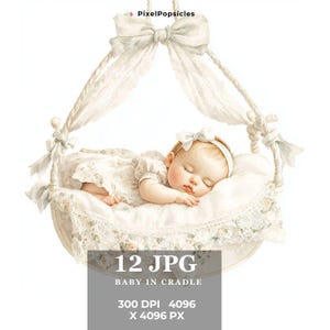 12 Baby in Cradle Clipart, Infant Clipart, Printable Watercolor clipart, High Quality JPG/, Digital download, Paper craft, junk journal