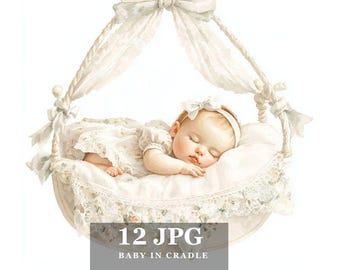 Baby in Cradle Clipart: Watercolor Infant Illustrations (Digital Download)