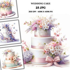 25 imágenes prediseñadas de tartas de boda en formato JPG: elegantes ilustraciones de tartas en acuarela para invitaciones, tarjetas, arte mural, manualidades y proyectos digitales
