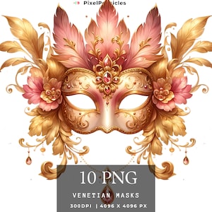 Maschere di Carnevale Clipart Acquerello PNG Set 10 Maschera Veneziana, Mardi Gras Carnevale Uso Commerciale Carta Artigianato Digitale Download Istantaneo