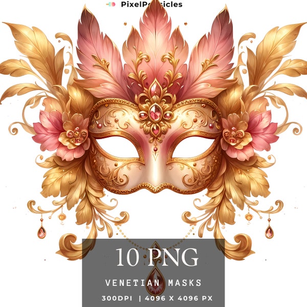 Masquerade Masks Clipart Watercolor PNG Set 10 Venetian Mask, Mardi Gras Carnival Commercial Use Paper Crafts Digital Instant Download