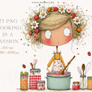 Könnte beinhalten: Eine Illustration eines Mädchens mit Erdbeer- und Blumenkranz, das in einem hellblauen Topf kocht. Das Bild enthält den Text "23 PNG COOKING IS A PASSION". Gläser mit Konserven und Kochutensilien sind ebenfalls zu sehen.
