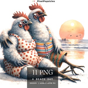 Chickens on the Beach Clipart, 11 PNG Summer Watercolor, Junk Journal, Card Making, Gift Tag, Digital Images Sublimation Printable