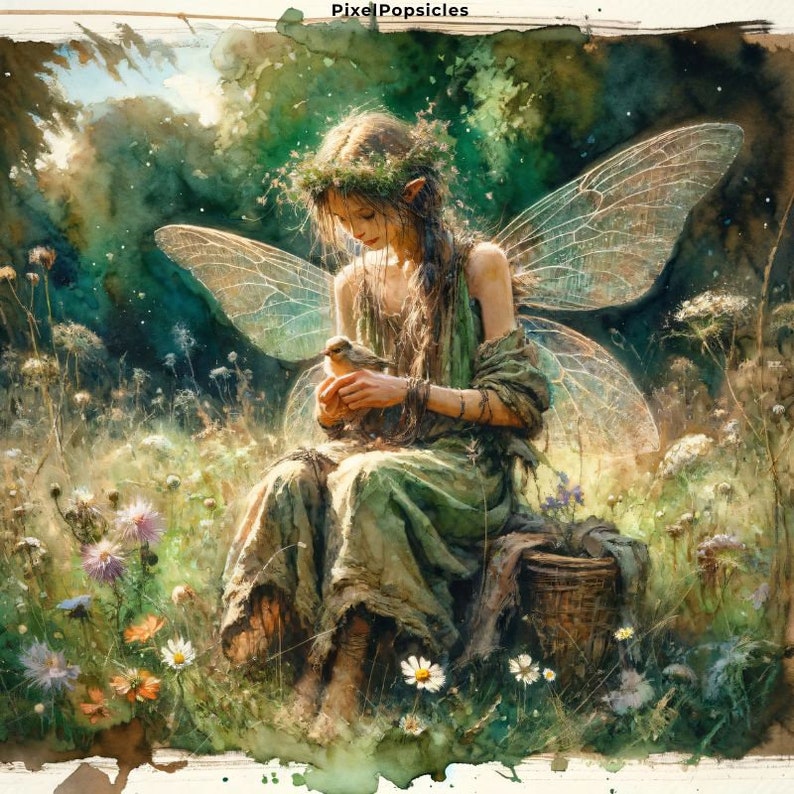 May include: A fairy with delicate wings sits in a field of wildflowers, holding a small bird in her hands. She wears a green dress and a crown of leaves. The background is a watercolor painting of a forest.