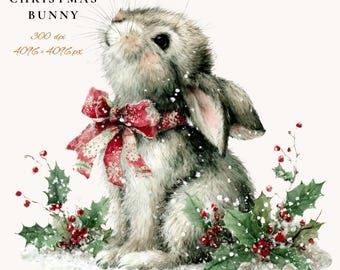 May include: Watercolor illustration of a gray and white bunny with a red bow, surrounded by holly and berries. The image includes the text "22 PNG CHRISTMAS BUNNY" and "4096 x 4096 px".