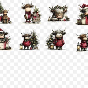 May include: A collection of watercolor illustrations featuring Highland cows in festive Christmas settings. Cows are depicted with holiday accessories like Santa hats, scarves, and surrounded by gifts, Christmas trees, and a red truck.