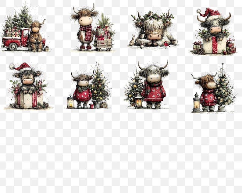 May include: A collection of watercolor illustrations featuring Highland cows in festive Christmas settings. Cows are depicted with holiday accessories like Santa hats, scarves, and surrounded by gifts, Christmas trees, and a red truck.
