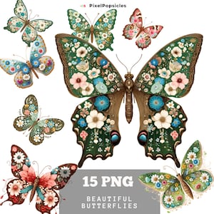 15 Beautiful Butterflies Png, Floral Butterflies Clipart PNG, Scrapbooking, Card Making,Cute Bundle Commercial, Instant Download