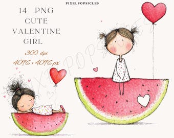 Valentine Watercolor Girl Clipart: 14 PNGs for Commercial Use (Digital Download)