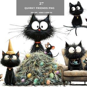 Quirky Friends PNG - Lustige Katzen und Maus Clipart, wunderliche Freundschaft Digitale Kunst für Karten, Aufkleber, T-Shirts & Sublimationsprojekte